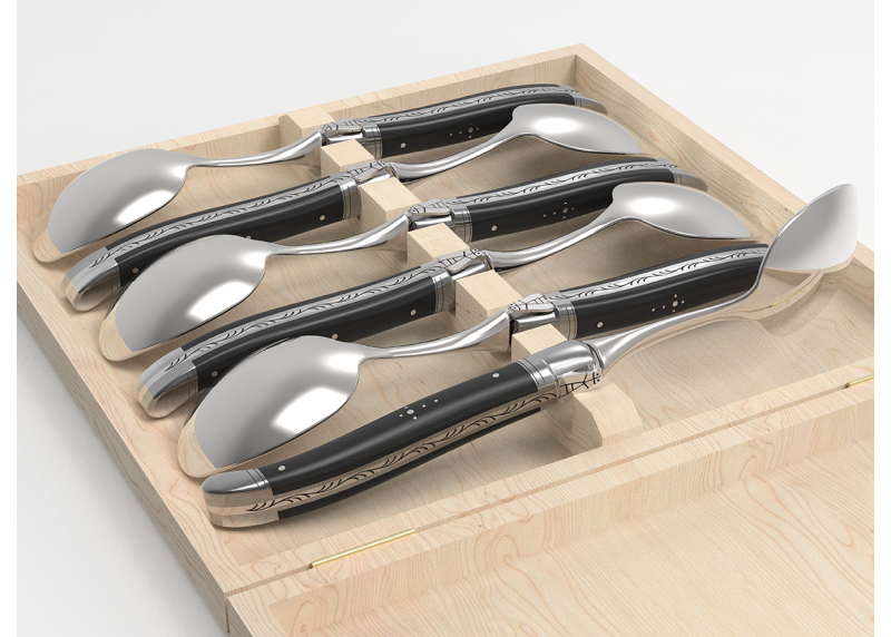 Service de 6 grandes cuillères Laguiole avec un manche en bois d'ébène et mitres en acier inoxydable