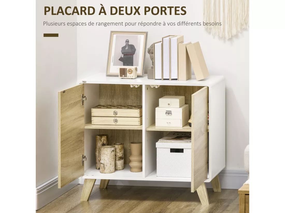 Buffet rangement design scandinave 2 portes avec étagère MDF panneaux blanc aspect chêne clair