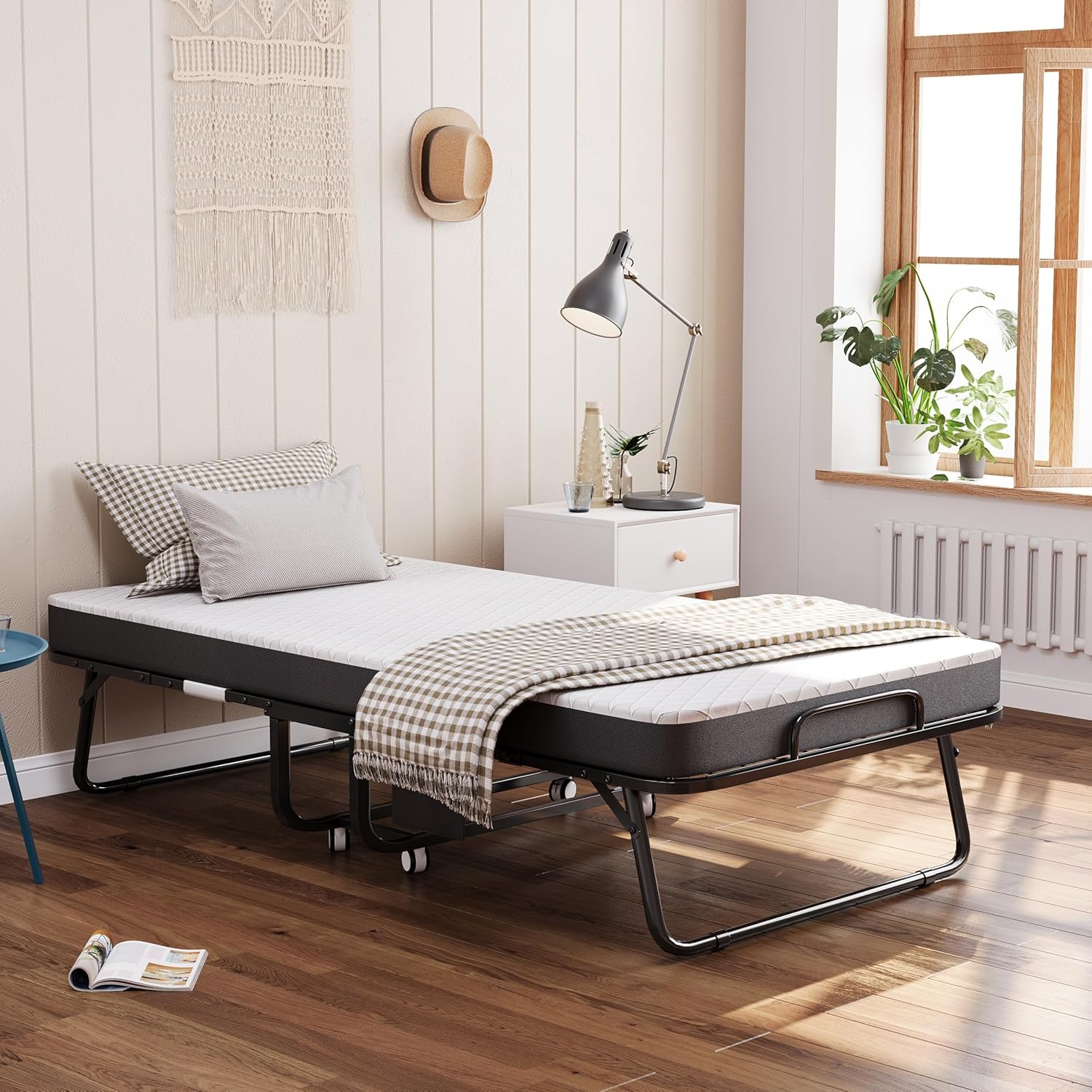 CAIYUN Klappbett 80x190cm Erwachsene mit ca.13CM Matratze aus Gedächtnisschaum Gästebett Klappbar Metallrahmen Klappbetten mit Rollen Reisebett Faltbares Metallbett Stabil bis 200 kg belastbar