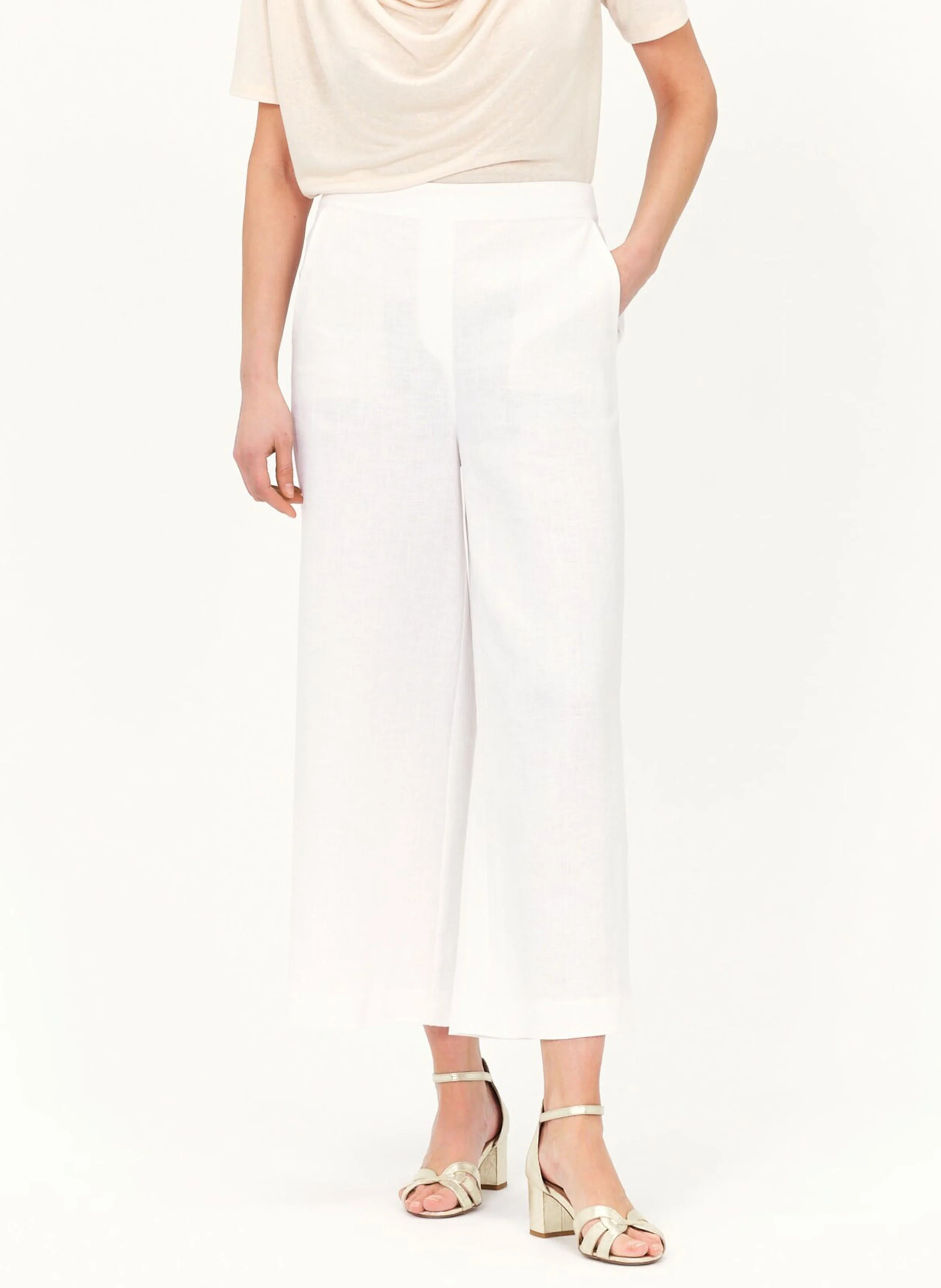 PANDI - Pantalon large taille haute en lin | Blanc