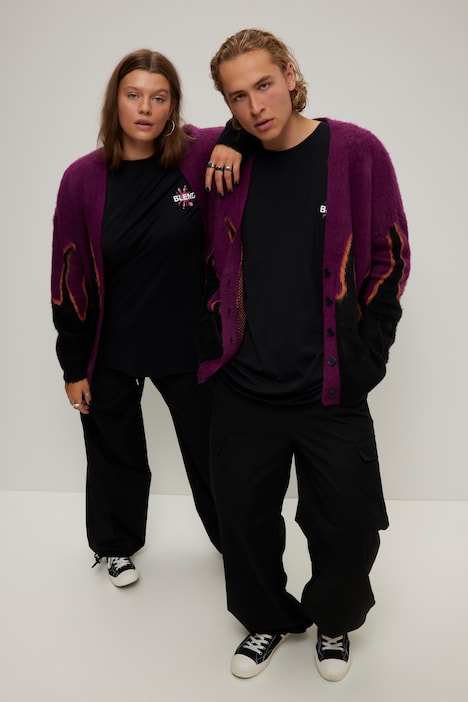 Strickjacke, oversized, Flame-Abschlüsse, V-Ausschnitt, Langarm, Unisex