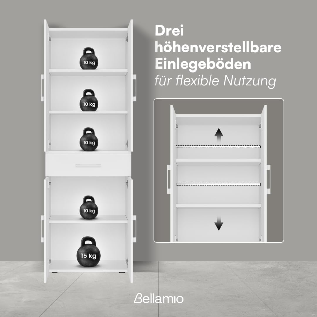 Bellamio Apol Mehrzweckschrank Weiß – Aktenschrank 60 cm breit – Hochschrank aus Holz – Aufbewahrungsschrank mit 5 Fächern & 1 Schublade – Büroschrank, Flurschrank, Allzweckschrank, Schuhschrank