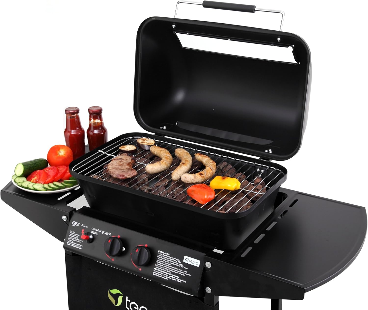 tepro Lavastein Gasgrill Irvine mit max. 5,4 kW Leistung, Edelstahl-Doppelbrenner, inklusive Lavasteine, Piezozündung im Drehregler, Grillwagen mit Rädern, Maße ca. 94 x 51 x 102 cm, Schwarz