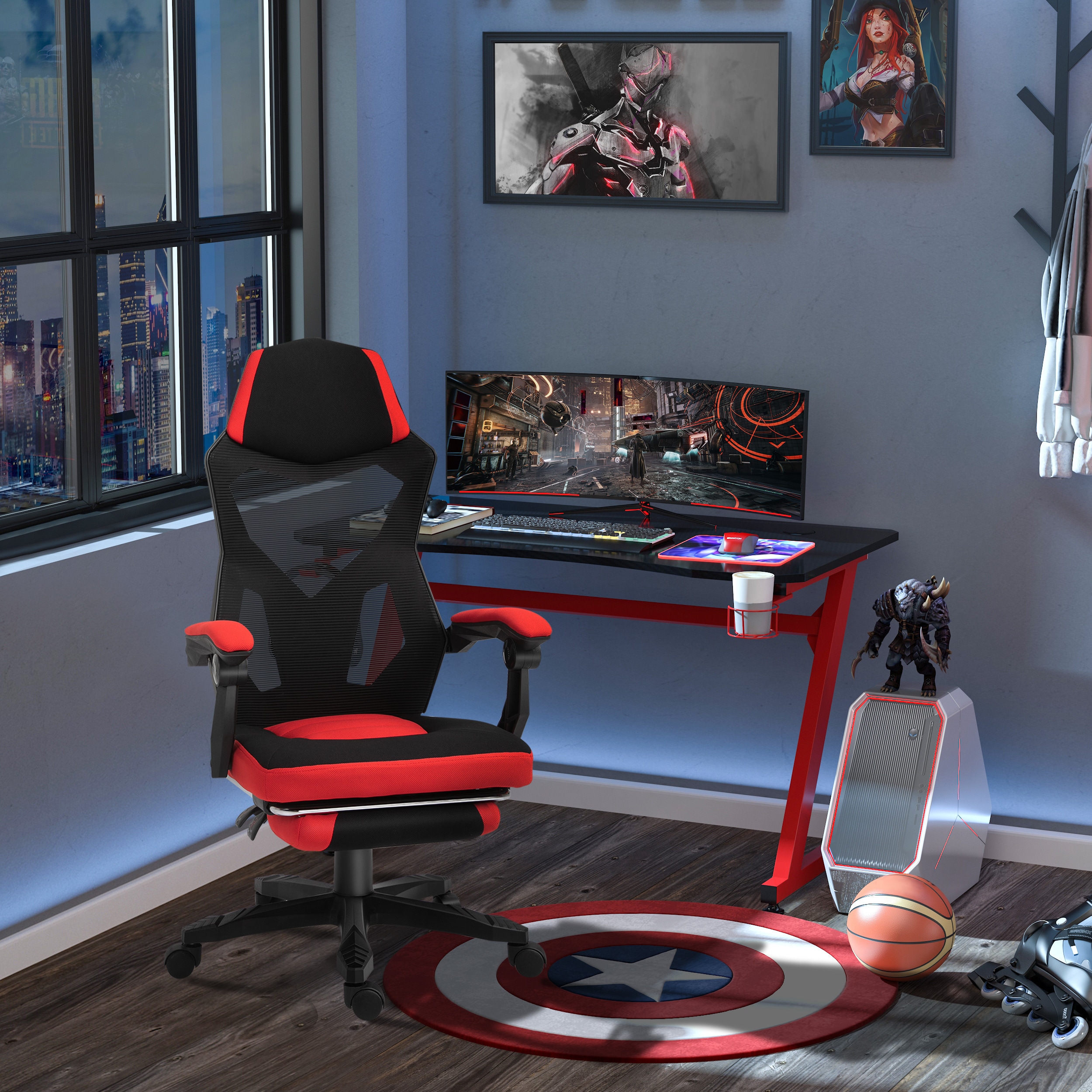 Vinsetto Gamingstuhl mit Fußstütze schwarz, rot 58 x 72 x 108-118 cm (BxTxH)