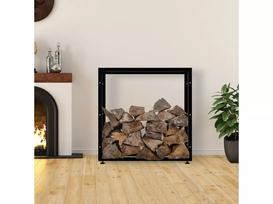 Etagère bois de cheminée - Métal - 100 x 25 x 100cm - Noir - Keri V2