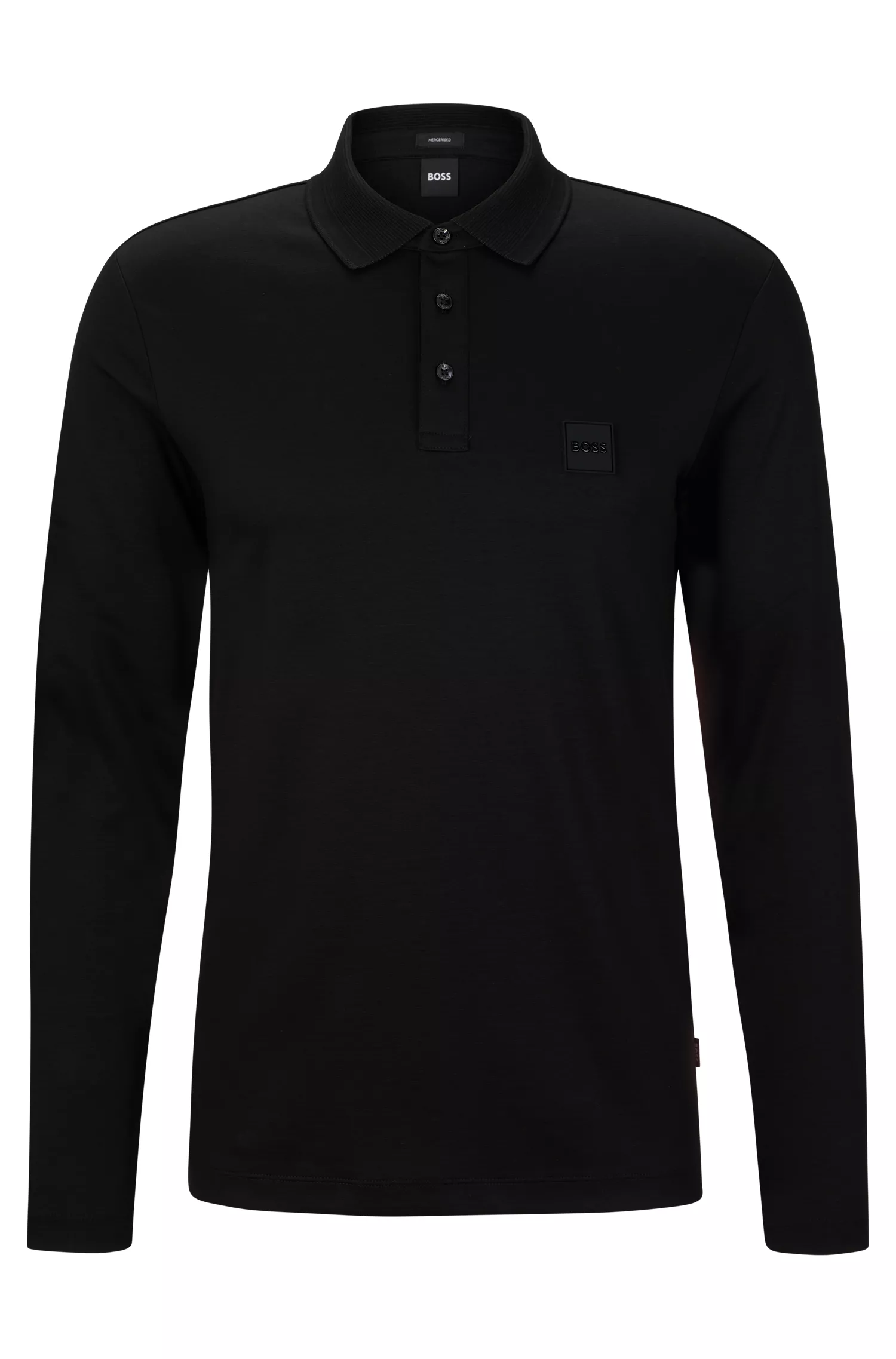 Camisa polo BOSS preta em algodão mercerizado com etiqueta com o logotipo.