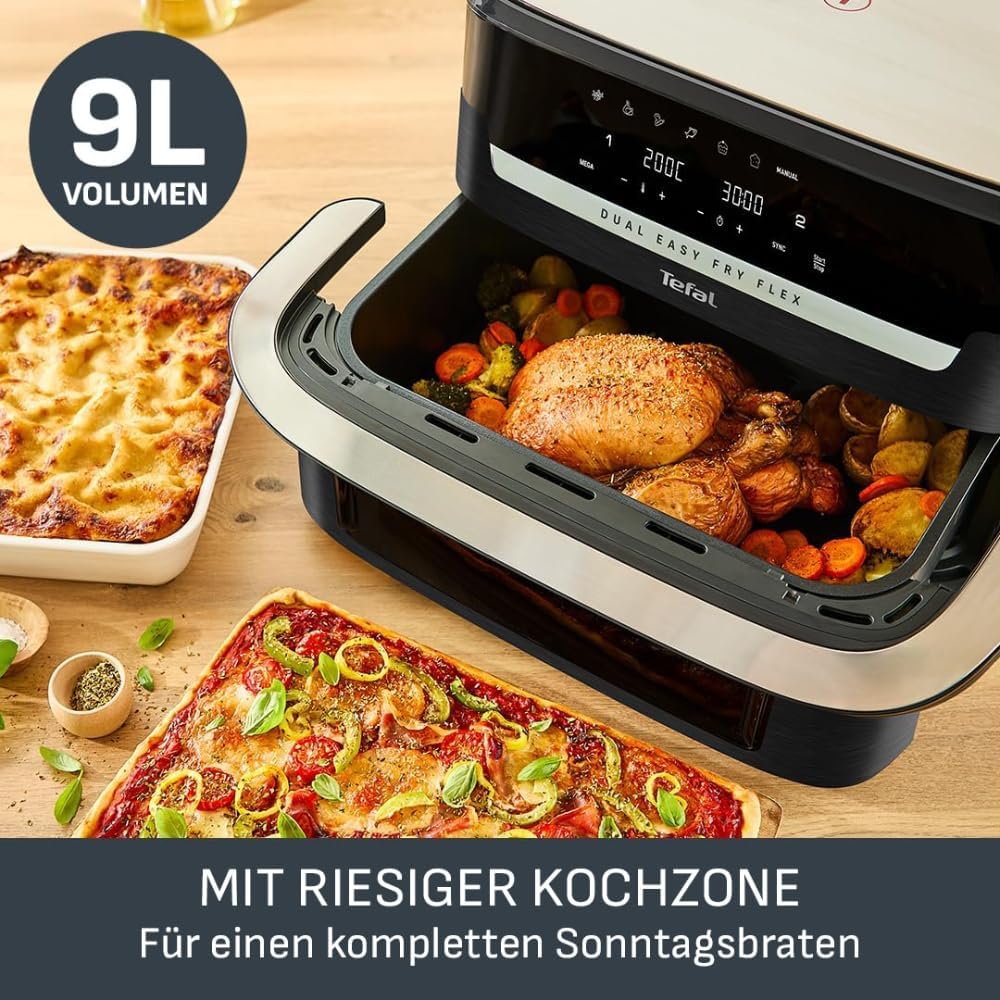 Tefal Dual Easy Fry Flex Heißluftfritteuse 9L – Airfryer mit 2 Kammern & GiantZone, FlexCook-Trennwand, 2700 W, 40–200 °C, 7 Programme, fettarm frittieren & 2 Gerichte gleichzeitig zubereiten EY9228