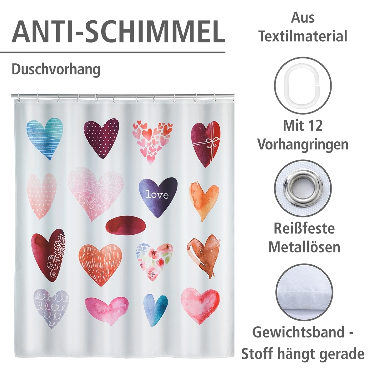 WENKO Duschvorhang LOVE - multicolor - waschbar