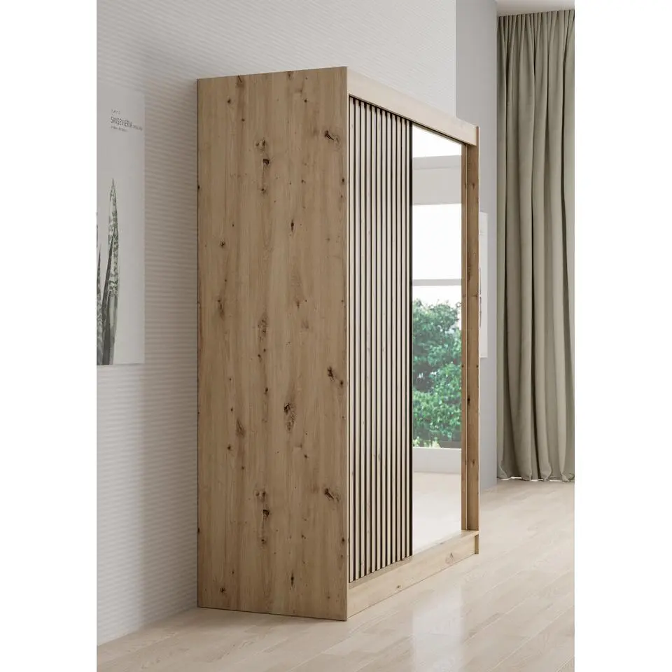 Meubella - Kledingkast Lisbon 2 - Eiken - 150 cm - Met spiegel
