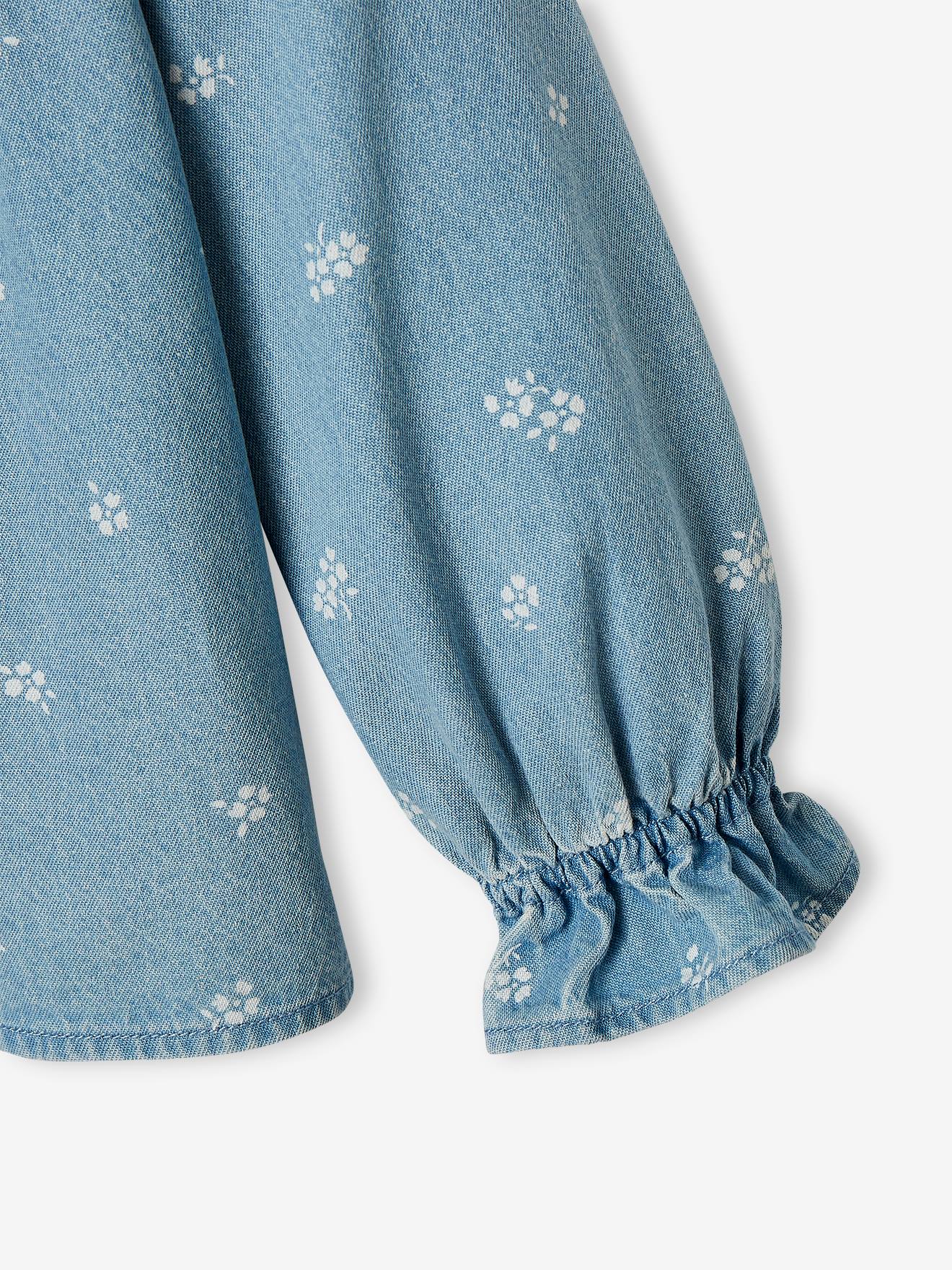 Camisa jeans com gola floral para meninas, estampa dupla