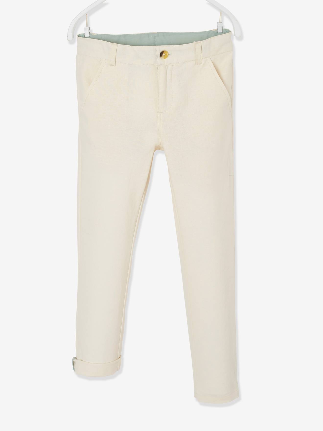 Calças chino lisas em algodão e linho bege claro para meninos, com estampas.