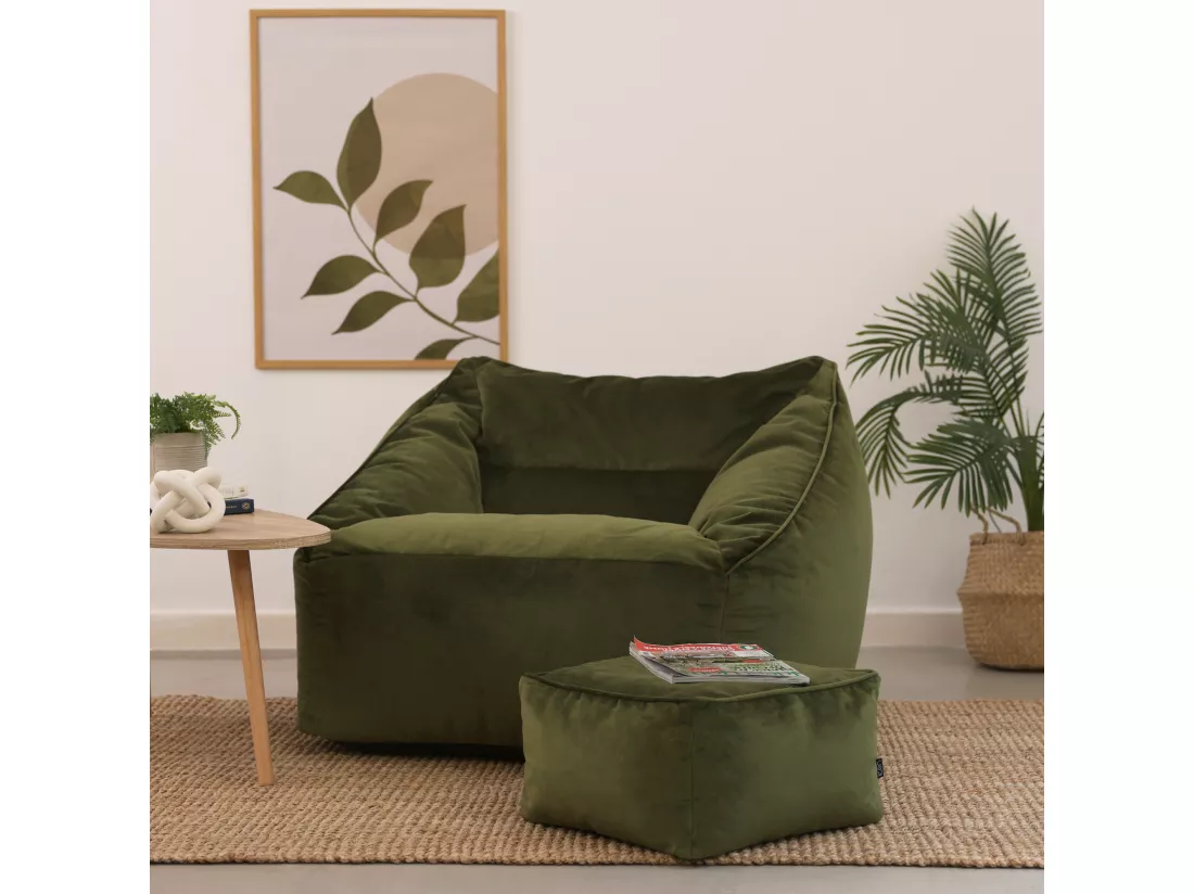 Pouf fauteuil avec repose-pied carré velours vert olive - NATALIA