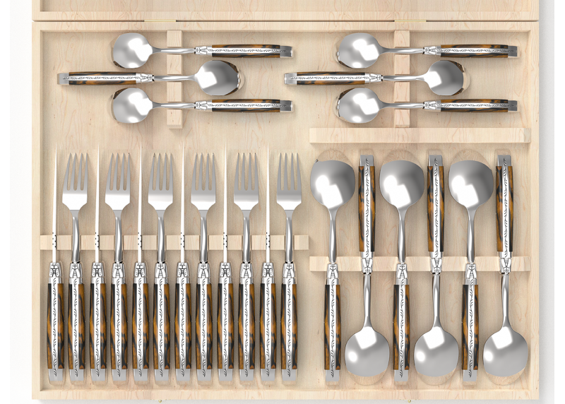 Service Laguiole de 24 pièces avec un manche en bois d'ébène royal et mitres en acier inoxydable