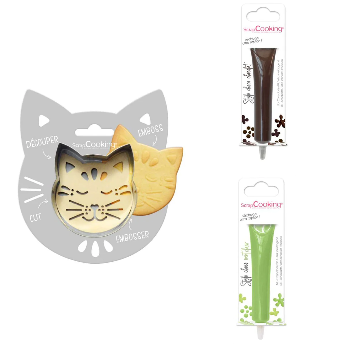 Kit pour biscuit en relief Chat + 2 Stylos au chocolat marron et vert