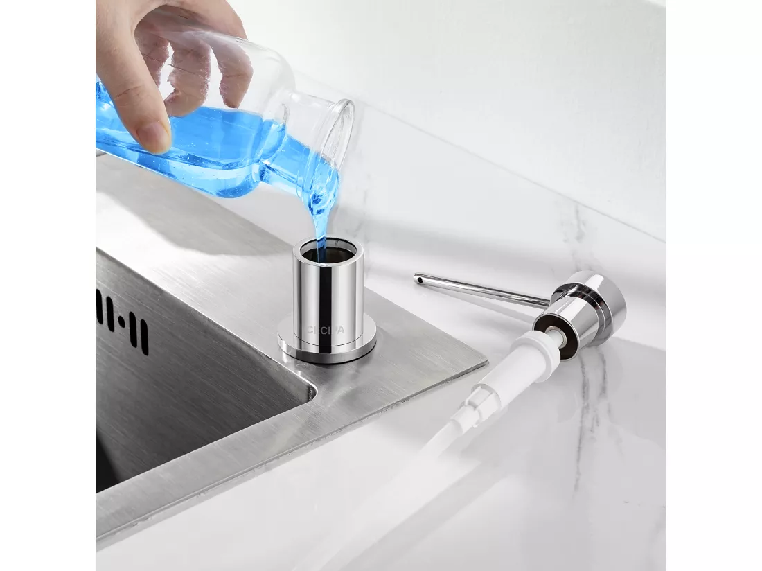 Cecipa MAX Distributeur de Savon de Cuisine Chromé, Distributeur de Savon pour Evier avec Récipient de 300ML + Tuyau d'extension en Silicone de 1,25M