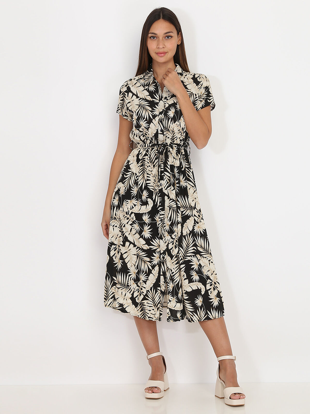 Robe chemise mi-longue à feuilles- Noir