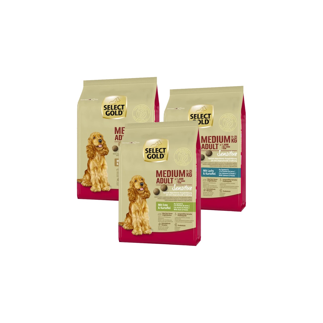 SELECT GOLD Sensitive Adult Medium Probierpaket 3x1kg Probierpaket 1, Lachs, Lamm, Ente
