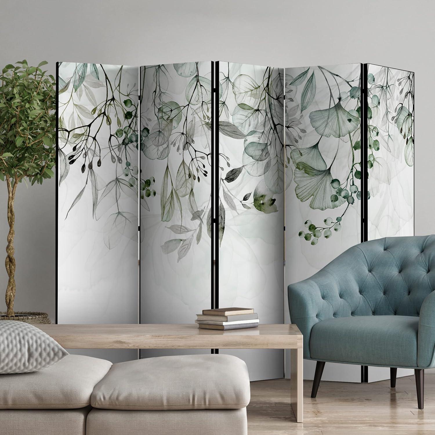 decomonkey Paravent Raumteiler Innen Pflanzen 225x172 cm 5 Teilig Einseitig Room Divider Wall Raumteiler Stehend Trennwand Sichtschutz Spanische Wand Sichtschutzwand Wohnzimmer Holz Laub Natur JD5282411