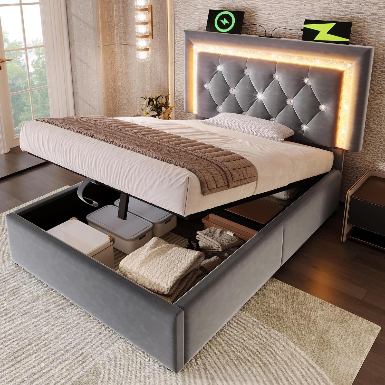 Polsterbett Einzelbett 90x200cm mit LED-Kopfteil,USB & Type-C Ladestation, hydraulischem Bettkasten mit Stauraum, modernes Jugendbett mit Lattenrost,Samt (Grau, 90x200cm)