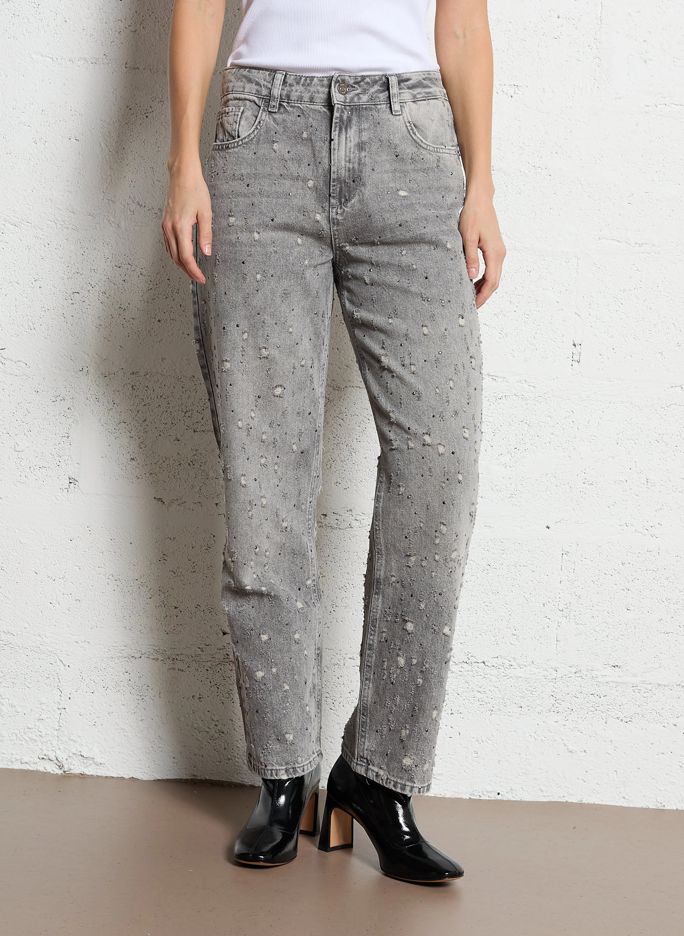 Jean droit taille haute en coton | Gris