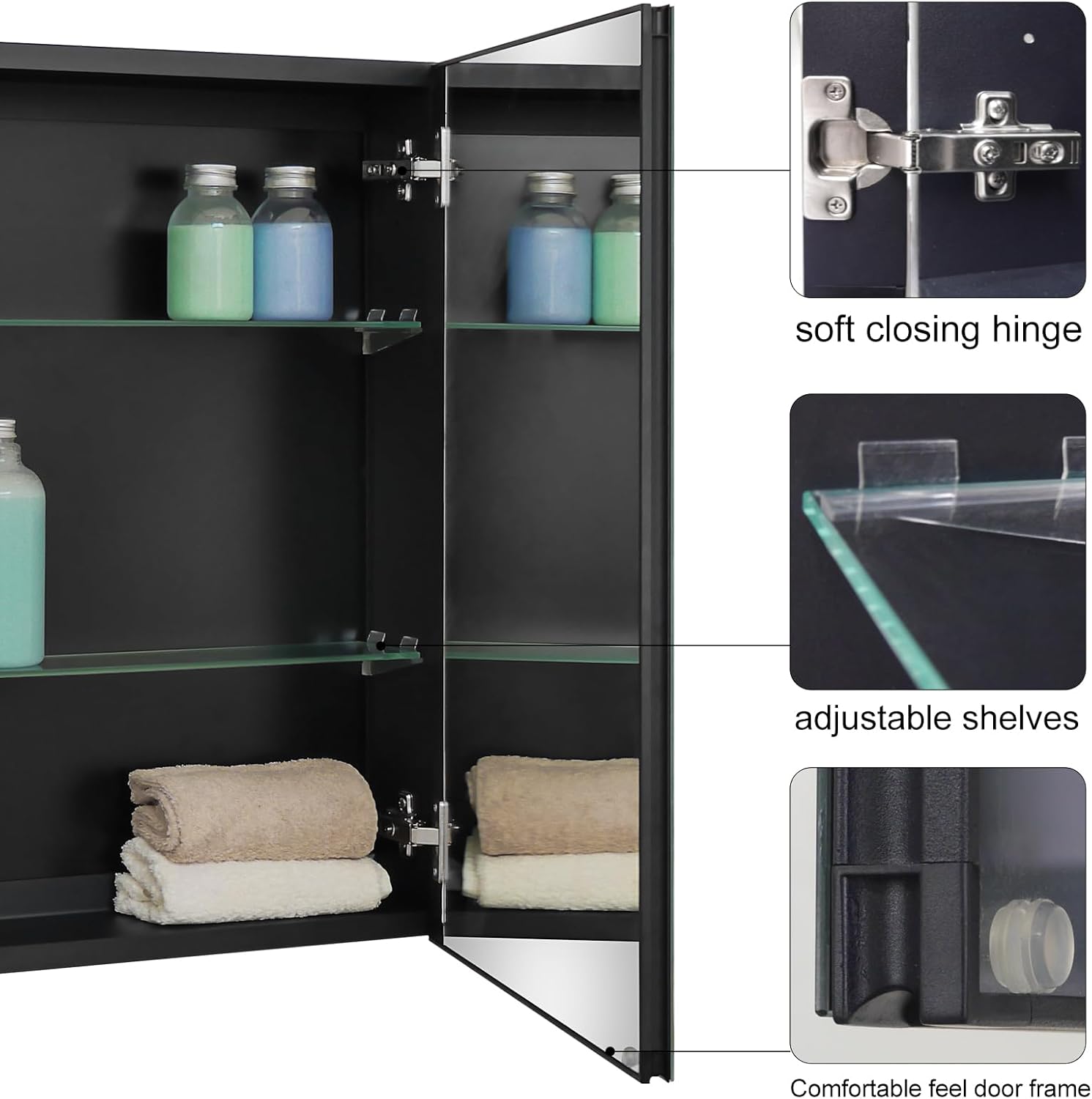 Fundin Spiegelschrank 50.8 x 66 cm Spiegelgröße, Einbau- oder Aufputzmontage, schwarzer Aluminium-Badezimmer-Wandschrank mit Spiegel und verstellbaren Ablagen.