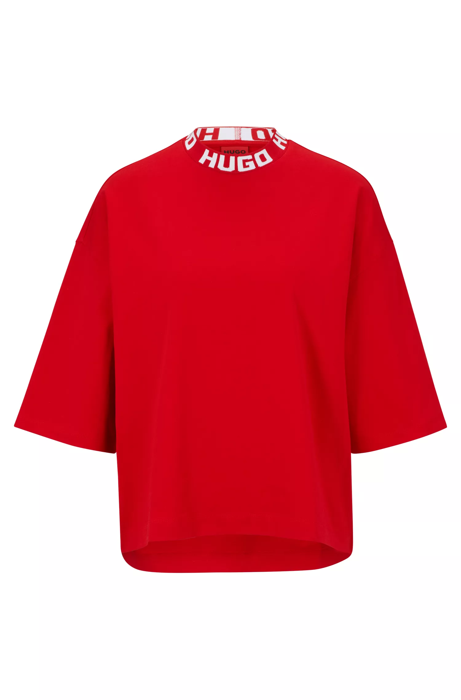 Camiseta HUGO vermelha em malha de algodão, modelagem relaxada, com gola com logo.