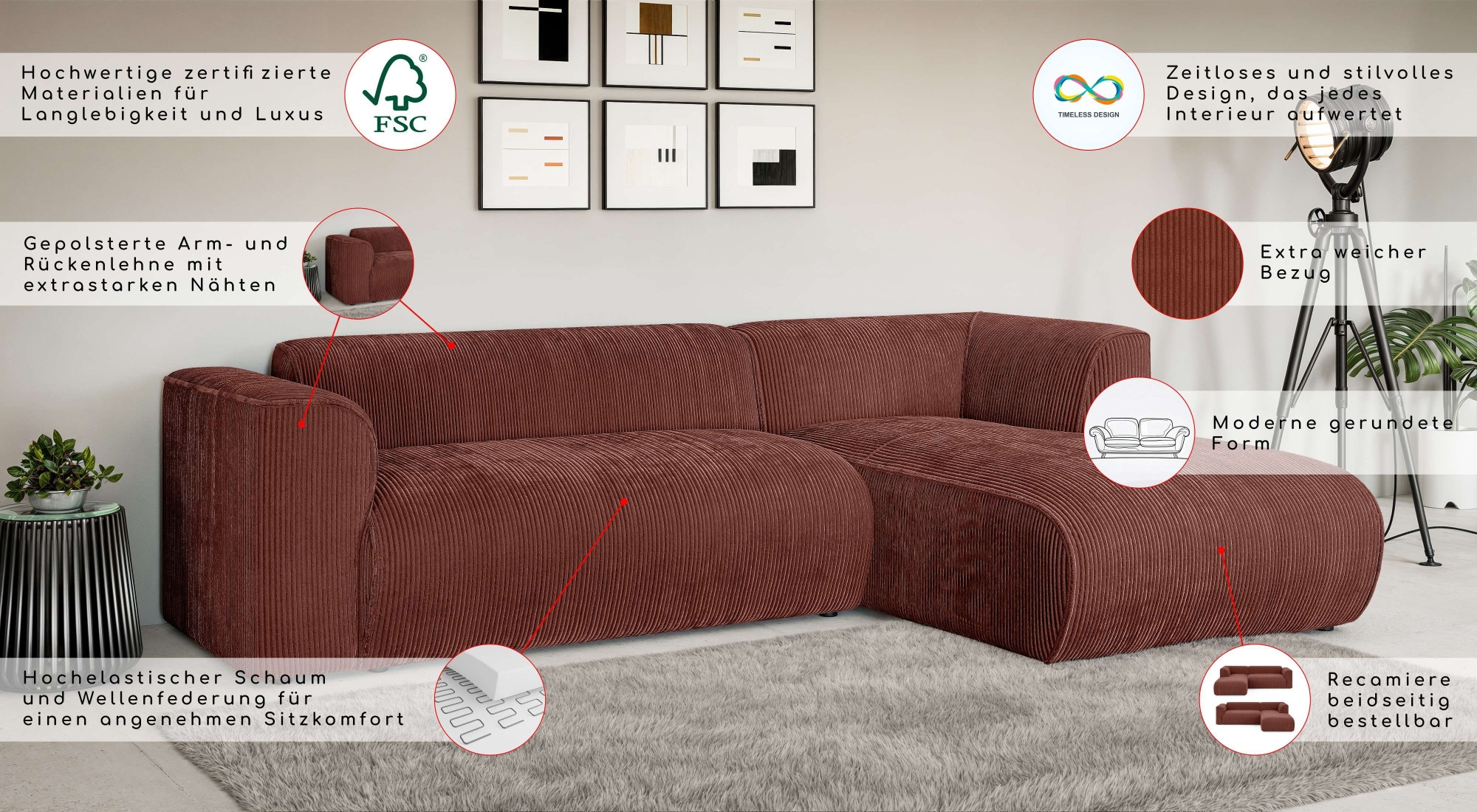 Home affaire Ecksofa »MERID L-Form (257 cm), zeitlos & stilvolles Design,« Aufwendig gepolstert, in Cord, Chenille und Struktur