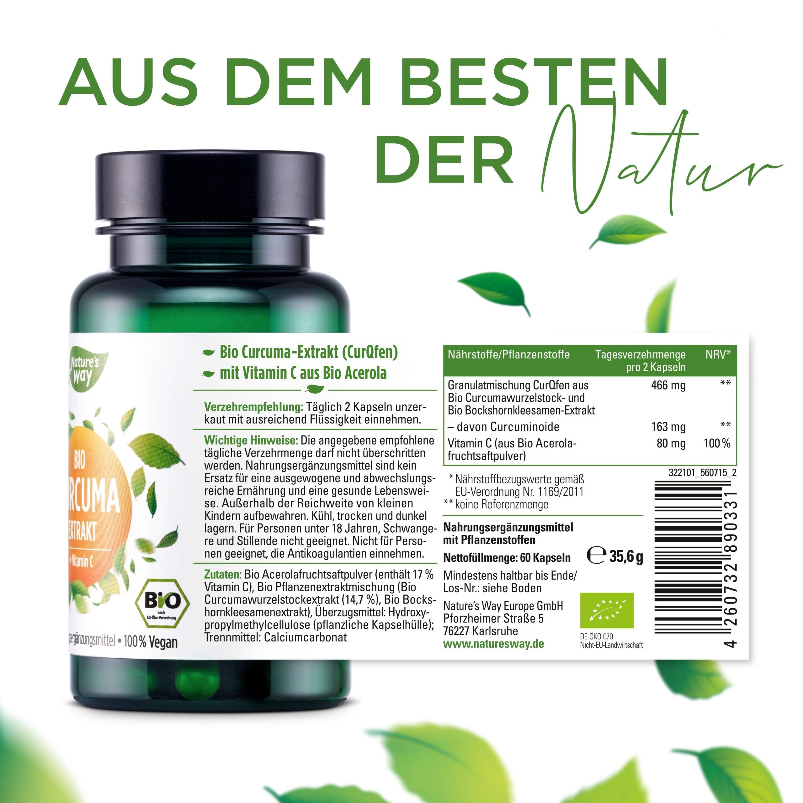 Nature's Way Bio Curcuma Kapseln – hochdosierter Kurkuma-Extrakt mit Vitamin C, 45x höhere Aufnahme