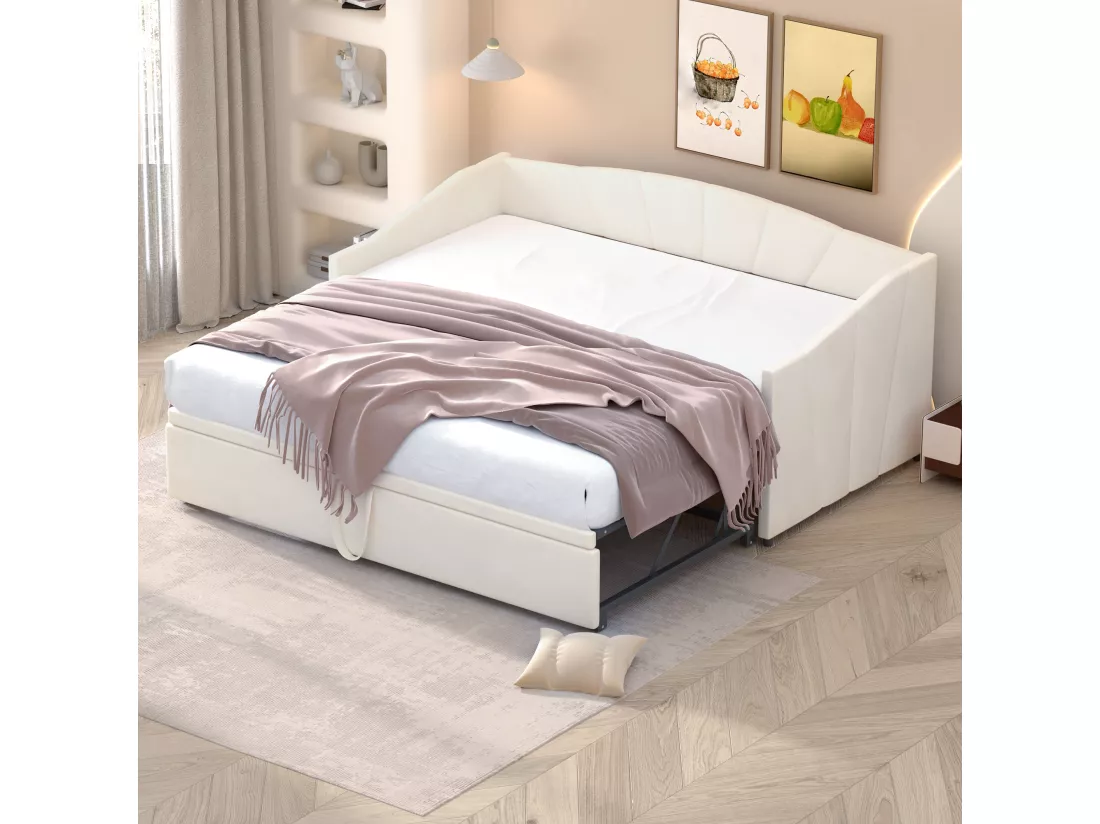 Lit gigogne - 2 x 90 x 200 cm - velours - sommier à lattes - coloris beige