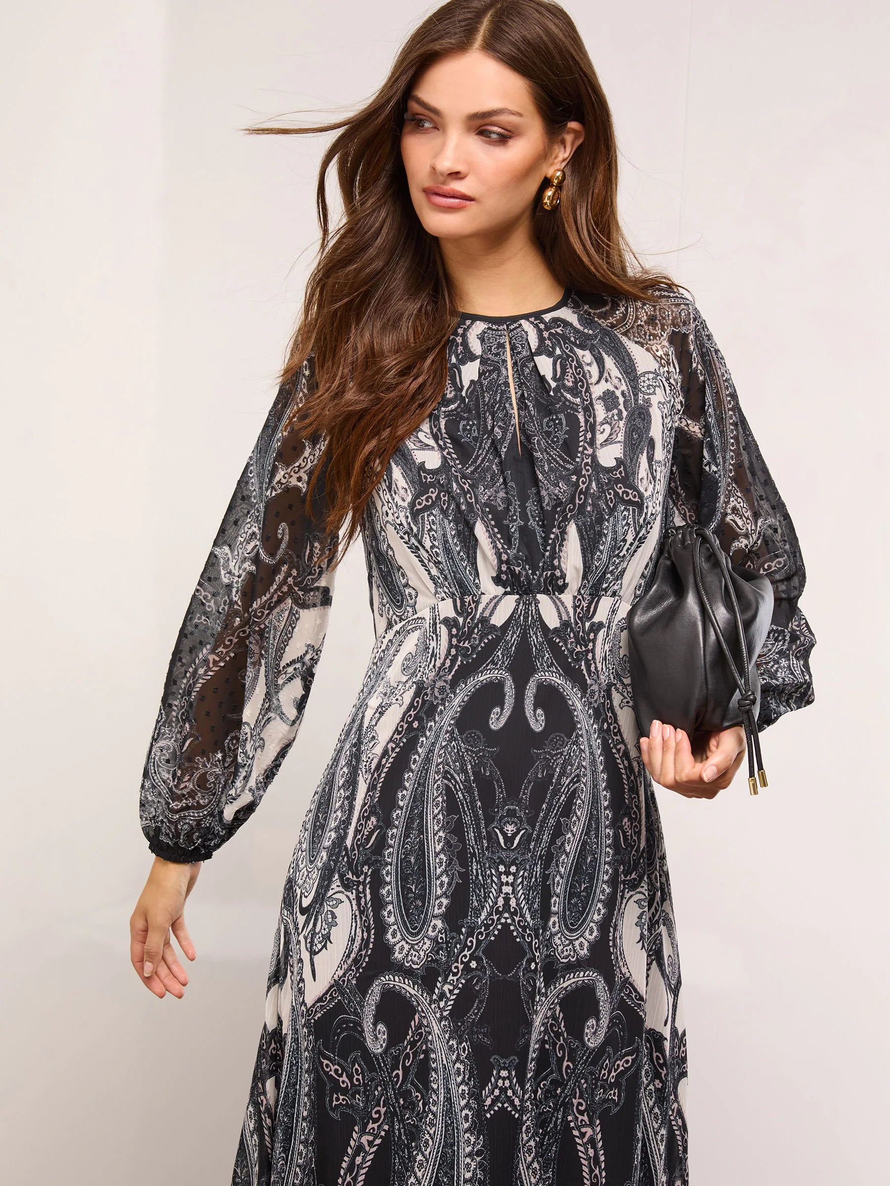 Zwart/wit - Lipsy Long Sleeve Underbust Fit And Flare Midi Dress