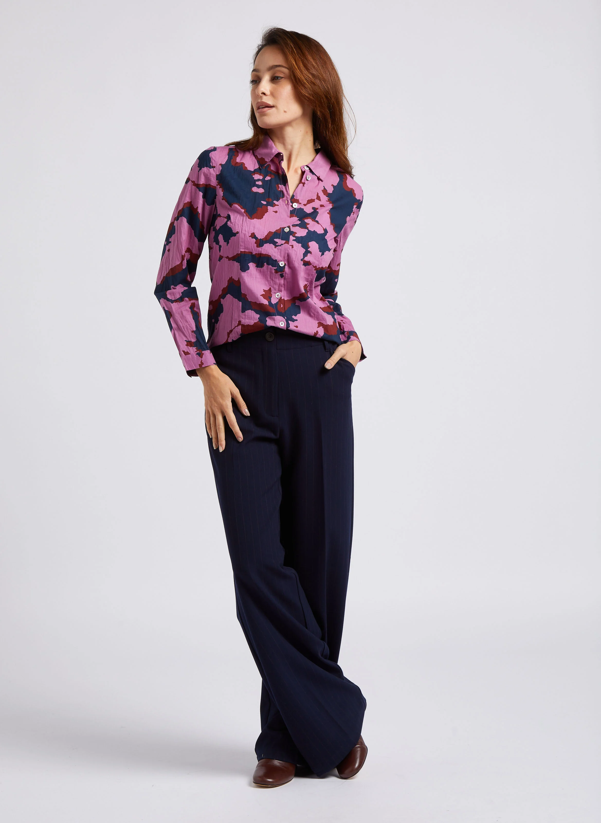 Pantalon large taille haute rayé| Bleu