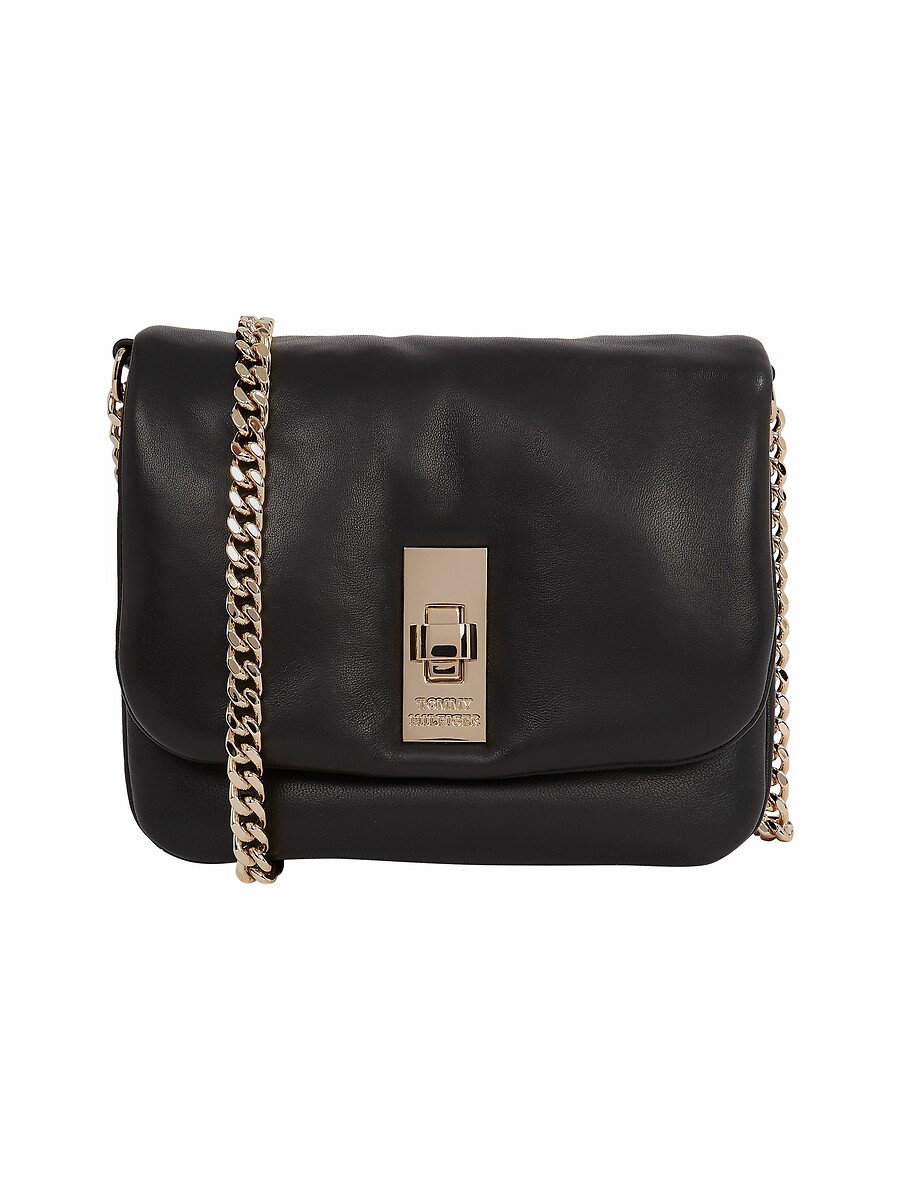 TOMMY HILFIGER<br>Bolsa de ombro com corrente em couro macio com acabamento cruzado