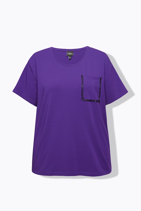 T-Shirt, Brusttasche, Perlen, Oversized, Rundhals, Halbarm