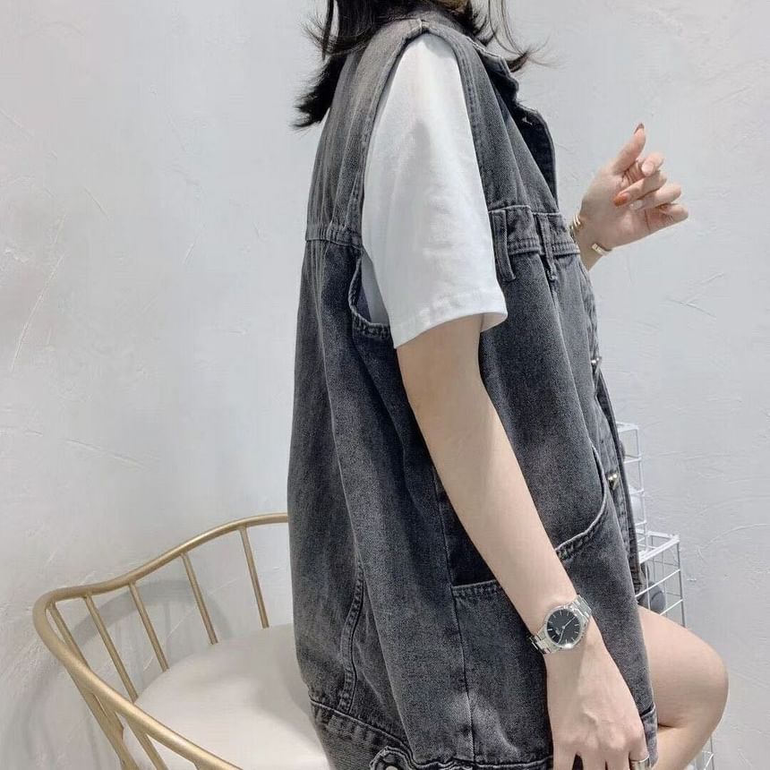Angel Love - Gewassen denim vest met kraag en knopen