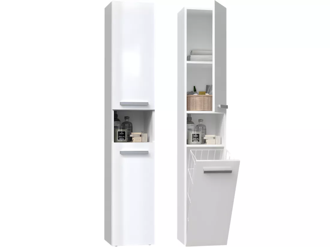 HORTI - Meuble salle de bain avec panier à linge - 31x30x174cm - Colonne rangement SDB