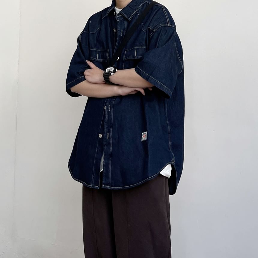 WidoWilder - Denim cargo-overhemd met 3/4-mouwen en contrasterende stiksels en knopen