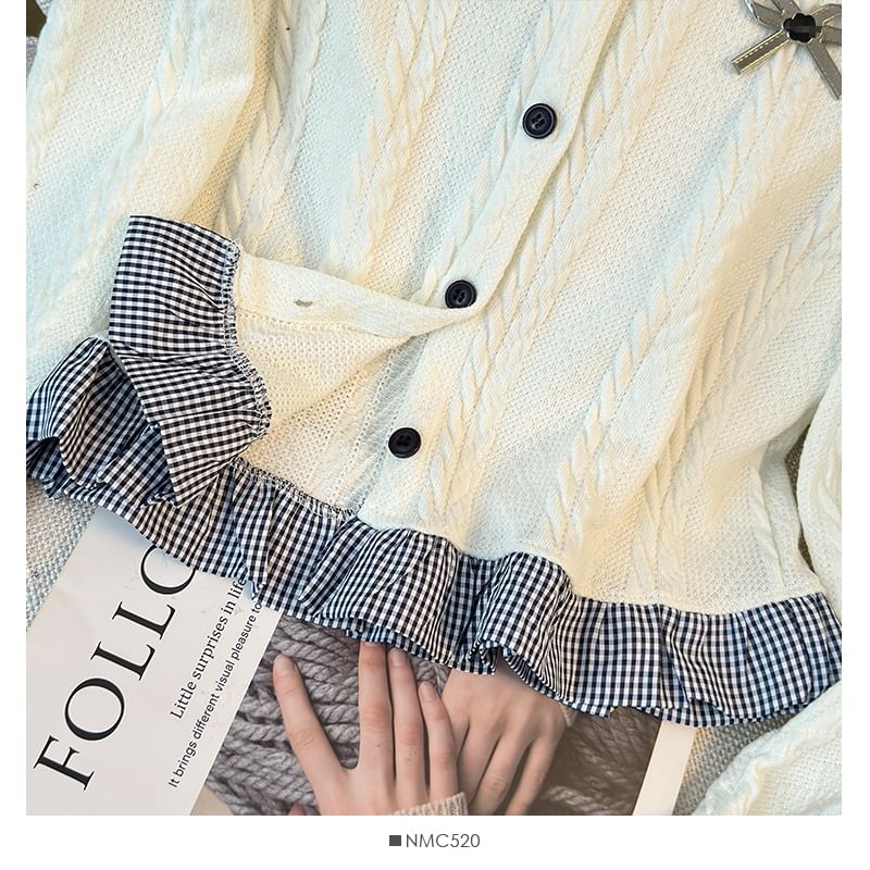 Lemongrass - Patchwork kabelgebreide cardigan met ruches en strik
