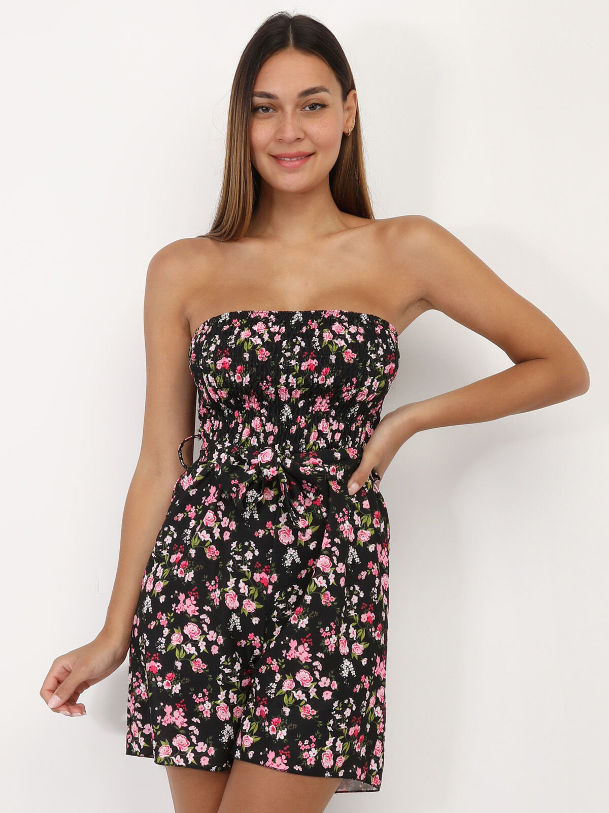 Combi-short bustier à imprimé fleurs- Noir
