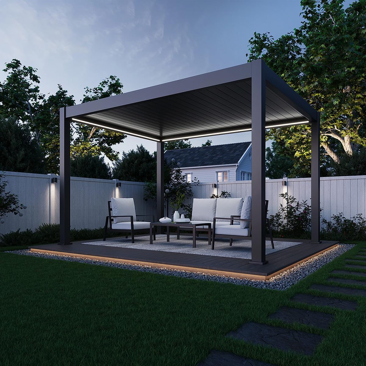 Pavillon Pergola 3x4m Terassenüberdachung freistehend mit Lamellendach elektr. verstellbar Gartenpavillon mit LED Hardtop wasserdicht stabil Winterfest Aluminium Weide Deluxe Fernbedienung Weiß