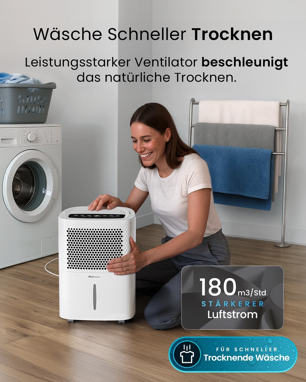 Pro Breeze Luftentfeuchter 12L in 24h Entfeuchtungsleistung - Raumgröße ca. 120m³ (~20 m²) - mit 3 Betriebsarten, Digitalanzeige, Ablaufschlauch, Timer - Gegen Feuchtigkeit, Schimmel Weiß