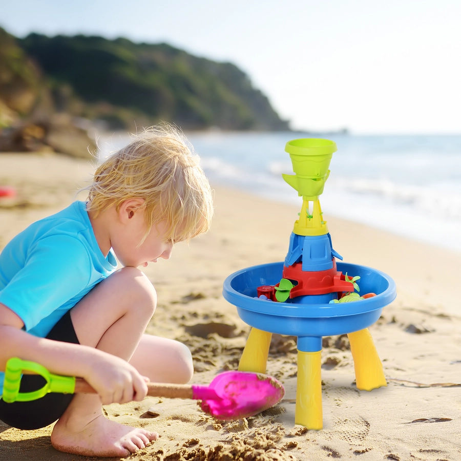 HOMCOM Kinder Sandkastentisch mit 21-tlg. Zubehör blau, gelb