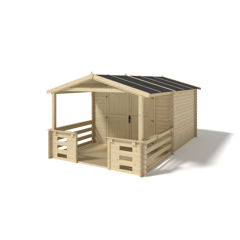 Abri de jardin en bois - 3x3 m - 15 m2 + terrasse avec balustrade et avant-toit en bois