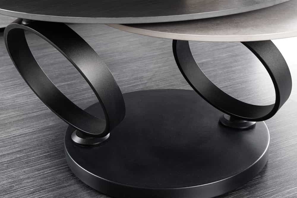 Design Couchtisch DANCING RINGS schwarz grau rund drehbar Keramik Metall