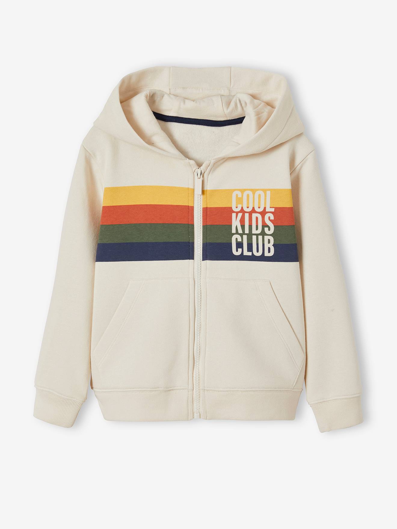 Moletom infantil liso bege claro com zíper e detalhes listrados.