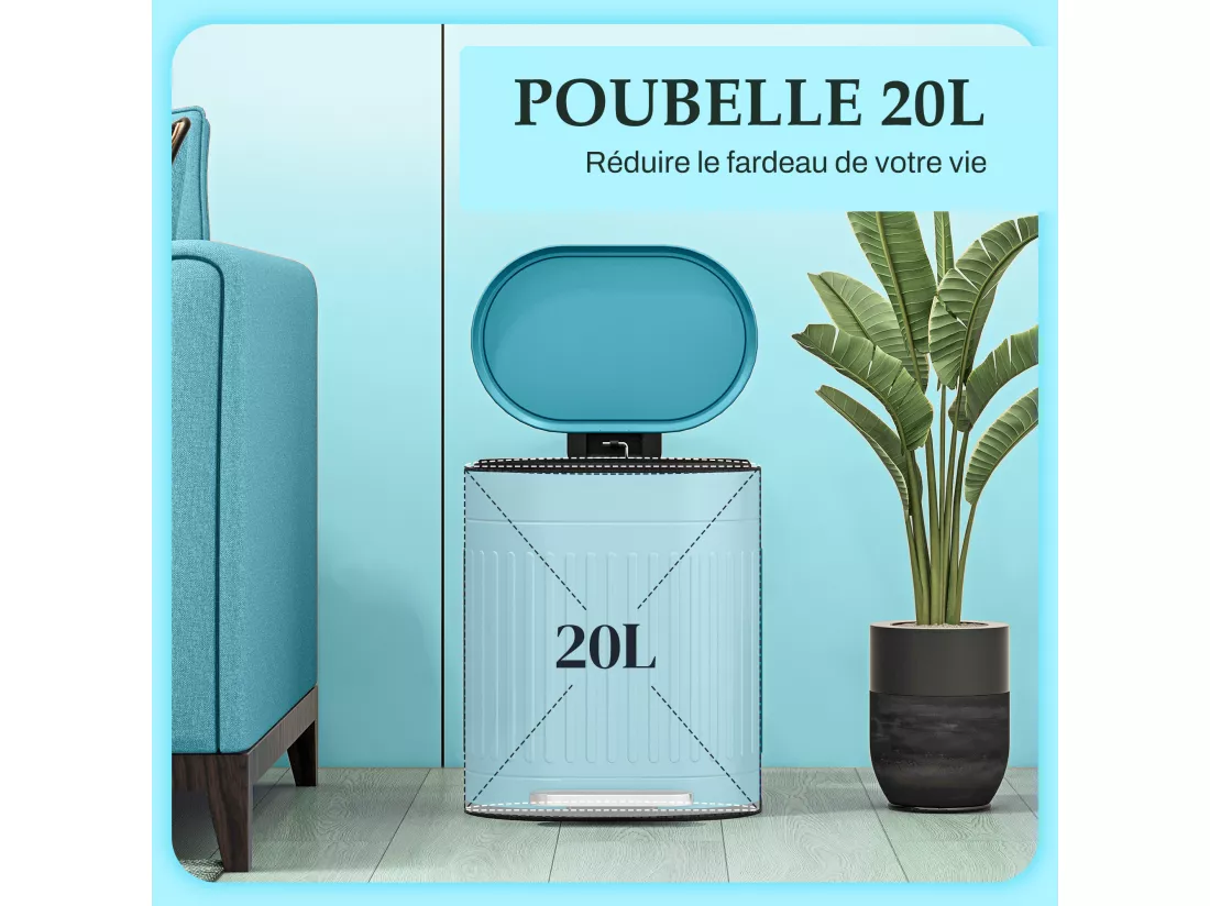 Poubelle à pédale, 20L, ovale, en métal avec couvercle, anti-traces de doigts, seau intérieur amovible, 36,5 x 31,2 x 45 cm, bleu