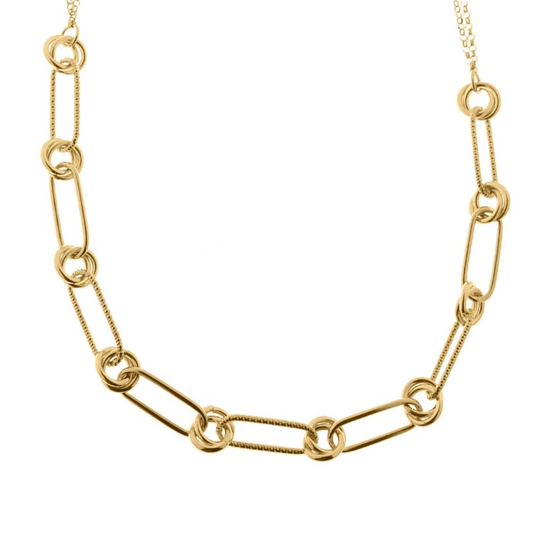 Collier Argent Doré Grosse Maille Et Double Cercle Lisse Et Diamanté