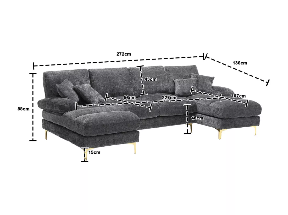 Canapé d'angle 4 places, 272x136x88cm,Grand canapé en forme de U, moderne, en tissu chenille, gris