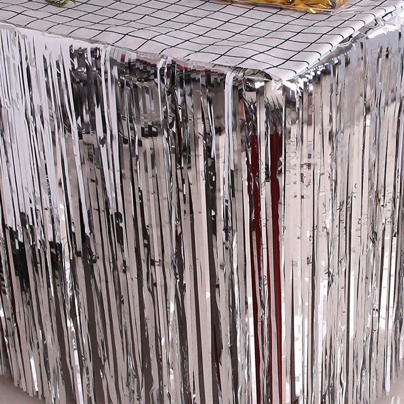 (250x80cm) Party Tisch Deko Metallic Lametta Vorhang Glänzender Fransen Vorhang für Apéro / Esstisch - Silber