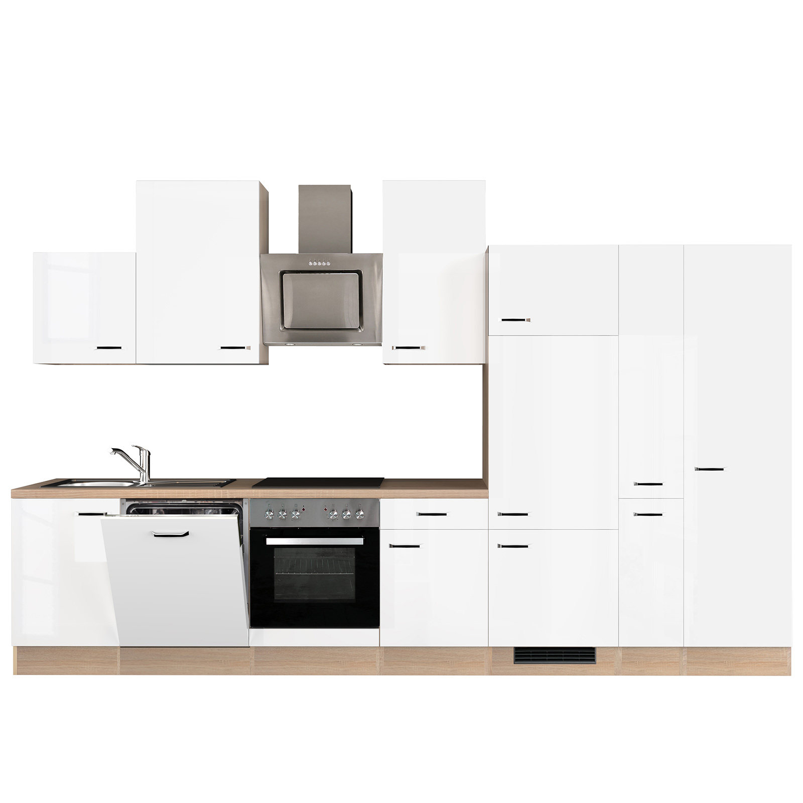 Küchenblock VALERO - weiß Hochglanz-Sonoma Eiche - mit E-Geräten - 360 cm