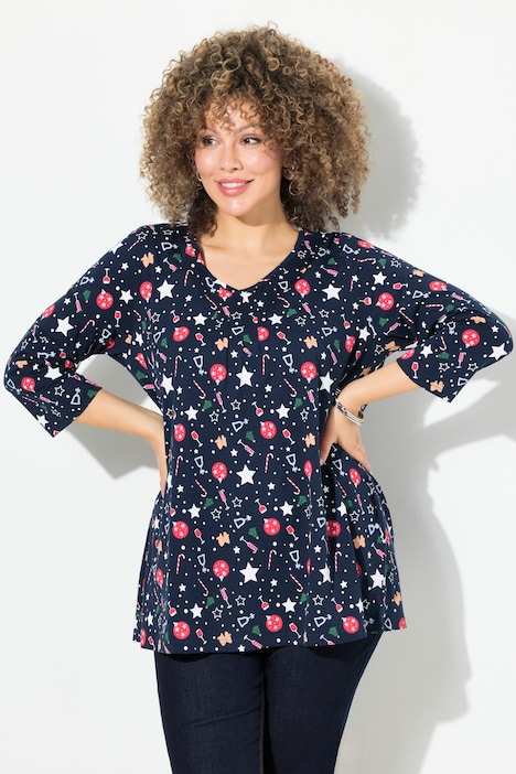 Weihnachts-Shirt, A-Linie, V-Ausschnitt, 3/4-Arm